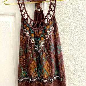 Summer top, brown with color design, bare shoulders